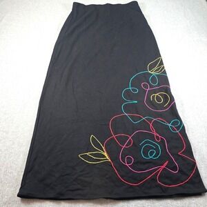 Susan Bristol Black Maxi Skirt Small Floral Embroidered Elastic Waist